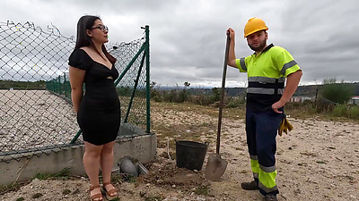 Construction worker fucks curious chick and cums inside.