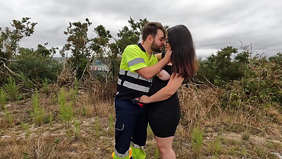 Construction worker fucks curious chick and cums inside.