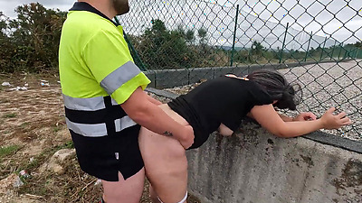 Construction worker fucks curious chick and cums inside.