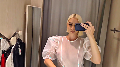 Try on haul transparent and latex clothes in the dressing room. Public fetish