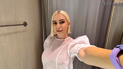 Try on haul transparent and latex clothes in the dressing room. Public fetish