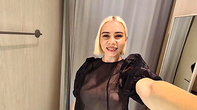Try on haul transparent and latex clothes in the dressing room. Public fetish