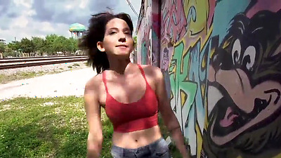 Dirty natural brunette chick Riley Jean gives POV oral blowjob on huge hard penis in public and she gets hardcore banging and pounding from Sean Lawless in the living room