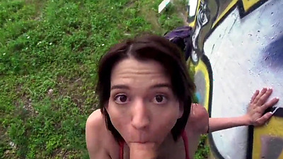 Dirty natural brunette chick Riley Jean gives POV oral blowjob on huge hard penis in public and she gets hardcore banging and pounding from Sean Lawless in the living room