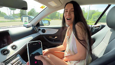 Eva cumming hard in public restaurant thru with Lovense Ferri remote controlled vibrator