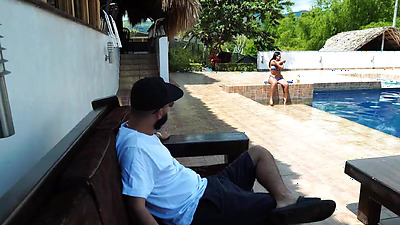 Latin bitch Lina Henao fucks outdoors with stranger Soldier at the public pool while her cuckold boyfriend Dani Clark takes a call from Bogota. She's a MILF who's always horny