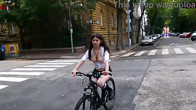 I flash my pussy and tits while riding a bike through the streets of Budapest - DOLLSCULT