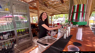 Naughty bartender Isabella fucks with black customer