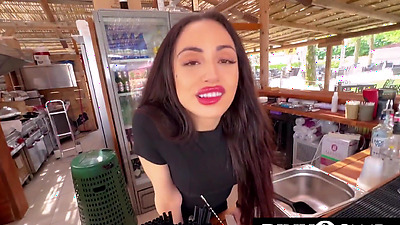 Naughty bartender Isabella fucks with black customer