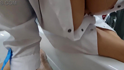 Stepmom cme in to wash her naked stepson, she ignores his big shaft, he is very excited and wants to jerk off, she flashes her big tits and starts masturbating