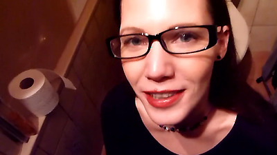 Nerdy librarian with glasses loves to drink piss