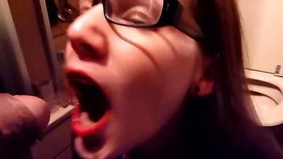 Nerdy librarian with glasses loves to drink piss