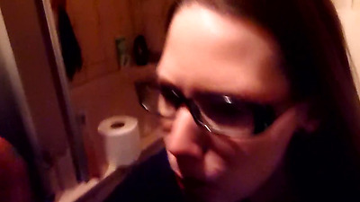 Nerdy librarian with glasses loves to drink piss