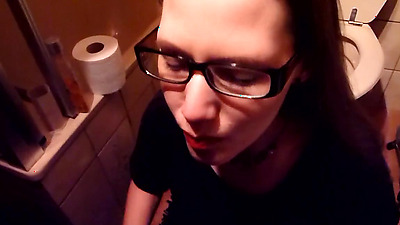 Nerdy librarian with glasses loves to drink piss