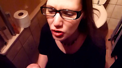 Nerdy librarian with glasses loves to drink piss