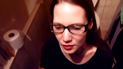 Nerdy librarian with glasses loves to drink piss