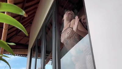 Blonde in black fishnets likes it rough