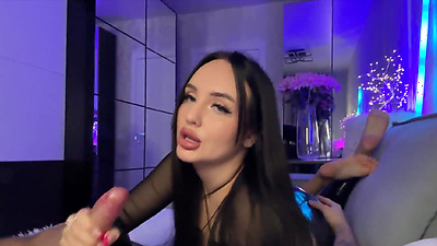 Delicious foot fetish in latex pants, pussy fucking and cumshot on feet