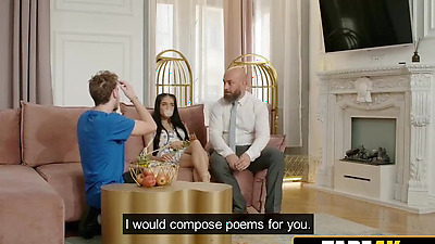 Cheeky Russian Gold-digger Chewing Bubble Gum and Fucking Boyfriend's Dad