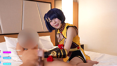 Japanese cosplayer gives a guy a handjob with facesitting.