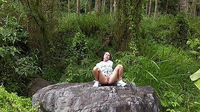 Horny stranger masturbate on stone with anal plug in cutie arse - PassionBunny