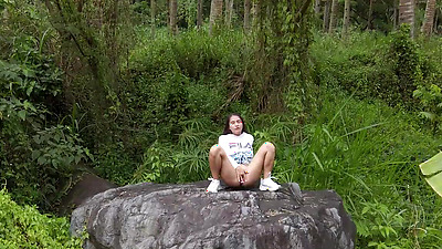 Horny stranger masturbate on stone with anal plug in cutie arse - PassionBunny