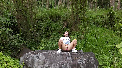 Horny stranger masturbate on stone with anal plug in cutie arse - PassionBunny