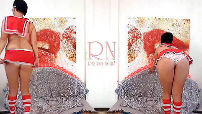 Babe with sexy school uniform is dancing with panties. Striptease with big iguana toy. Double Regina