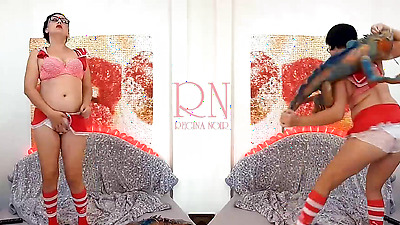 Babe with sexy school uniform is dancing with panties. Striptease with big iguana toy. Double Regina