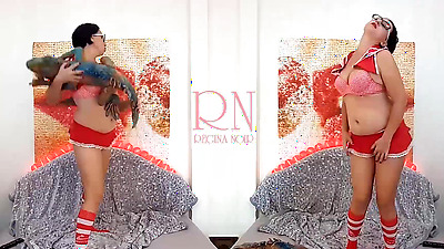 Babe with sexy school uniform is dancing with panties. Striptease with big iguana toy. Double Regina