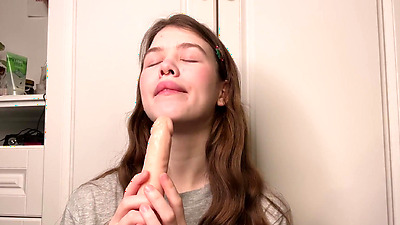 Cute brunette fucks herself while her stepsister is not at home