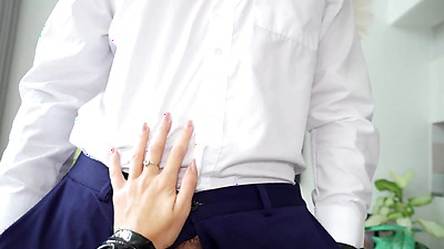 Brunette in latex catsuit took the condom off her boss's huge shaft!