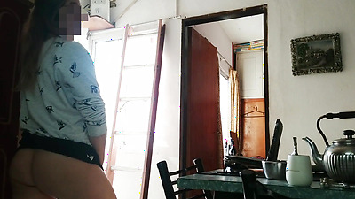 Housewife without panties shows her pussy to the technical service and spies on her having hard sex