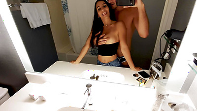 Hot little brunette gets fucked by my big shaft and squirts in the bathroom before going out