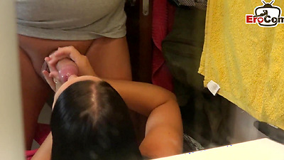 German chubby young woman gives hot blowjob in the bathroom