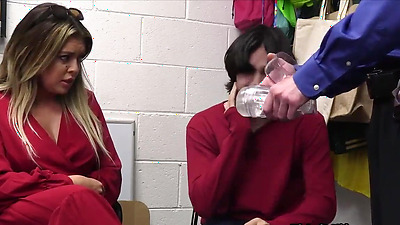 Busty Latina milf thief gangbanged in the backroom