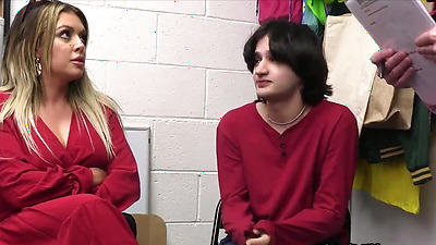 Busty Latina milf thief gangbanged in the backroom