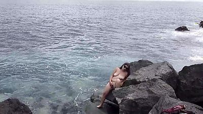 Unexpected Cumshot on the Face of a Nudist on the Beach! Cuckold Husband...Lover Marked Her