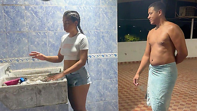 I soap up my stepbrother's penis until I suck it, and I get very horny until I ask him for a nice fuck in my tight pussy