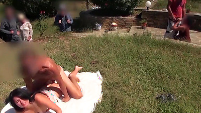 Public shooting! Outdoor orgy on the meadow