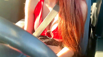 Italian Hot Milf Artemisia Love Sexy car ride Big Tits Flashing Long drive hard nipples