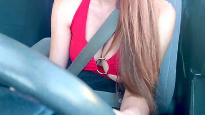 Italian Hot Milf Artemisia Love Sexy car ride Big Tits Flashing Long drive hard nipples