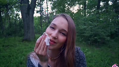 Powerful cumshot all over the face of a sexy nymphomaniac in the forest (part 2)