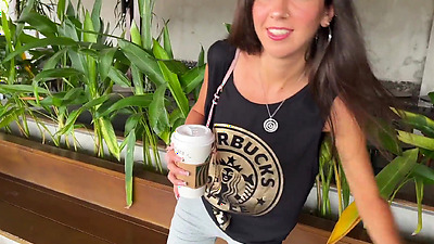 Blowjob in a Public Toilet Starbucks and Cumwalk - She drinks coffee with cum on face among people
