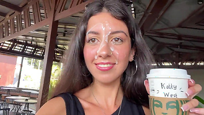 Blowjob in a Public Toilet Starbucks and Cumwalk - She drinks coffee with cum on face among people