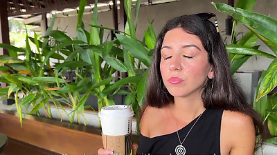 Blowjob in a Public Toilet Starbucks and Cumwalk - She drinks coffee with cum on face among people