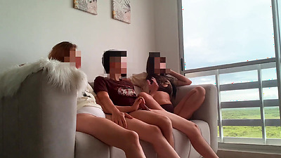 We are bored watching TV so my two stepsisters masturbate me and we have sex