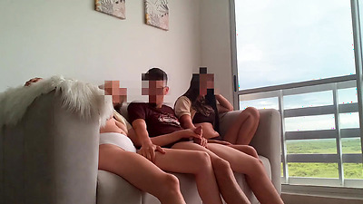 We are bored watching TV so my two stepsisters masturbate me and we have sex