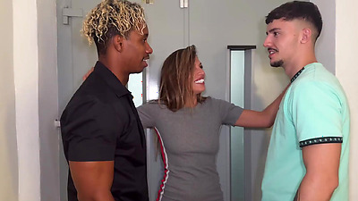 The neighbor who  fucks my stepfather fucks me and my friend in the landing and leaves everything full of squirt