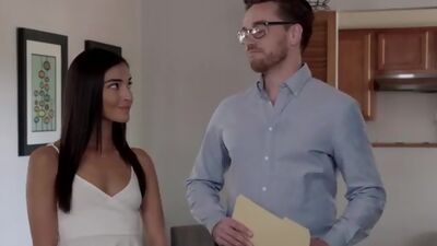 Horny Emily Willis has the hots for her realtor so she seduces him in the bedroom to give him a bald pussy stiffie ride